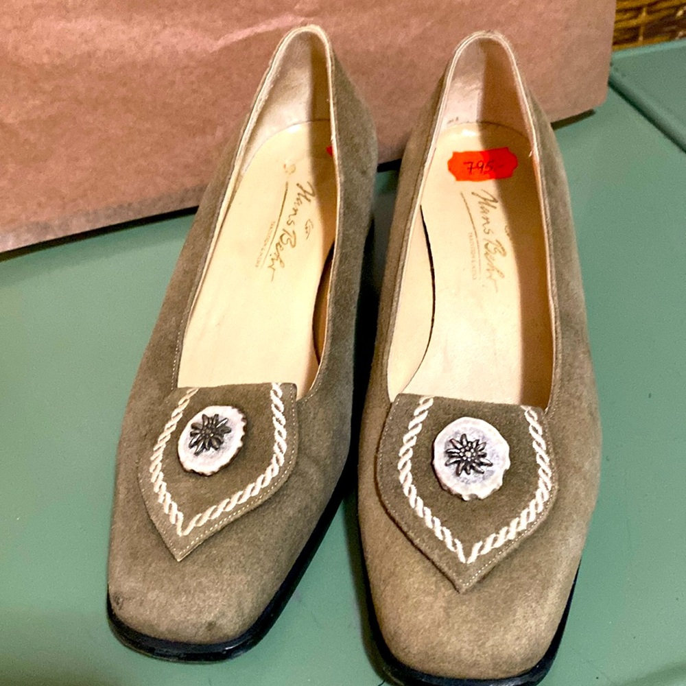 vintage Hans Behr vero cuoio taupe tan embellished Suede low heel shoe 8 Italy